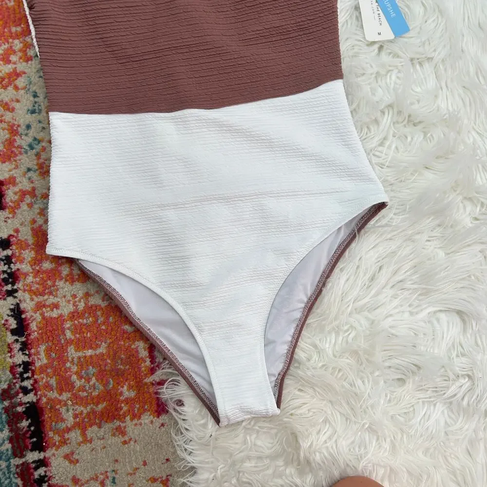 NEW Cupshe Neutral Brown White One Shoulder One Piece Swimsuit Medium Summer - Picture 4 of 5